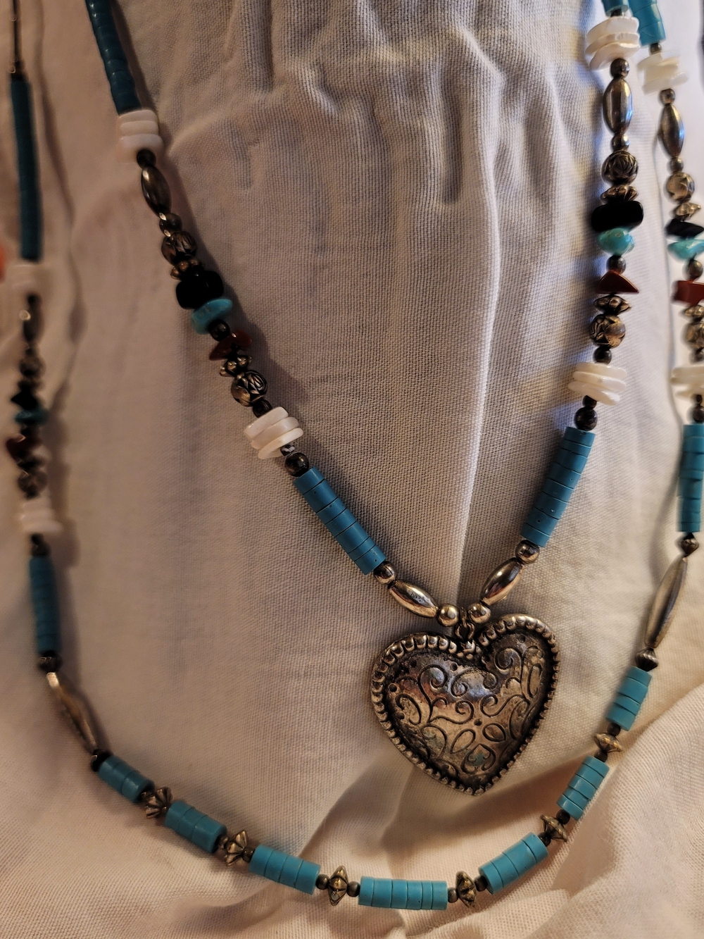 Silver Turquoise Beaded Heart Pendant Necklace - Unbranded